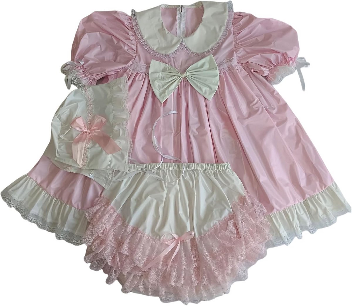 Volwassen Sissy Stijl Jurk Set met Bonnet en Bloeiers Roze PVC