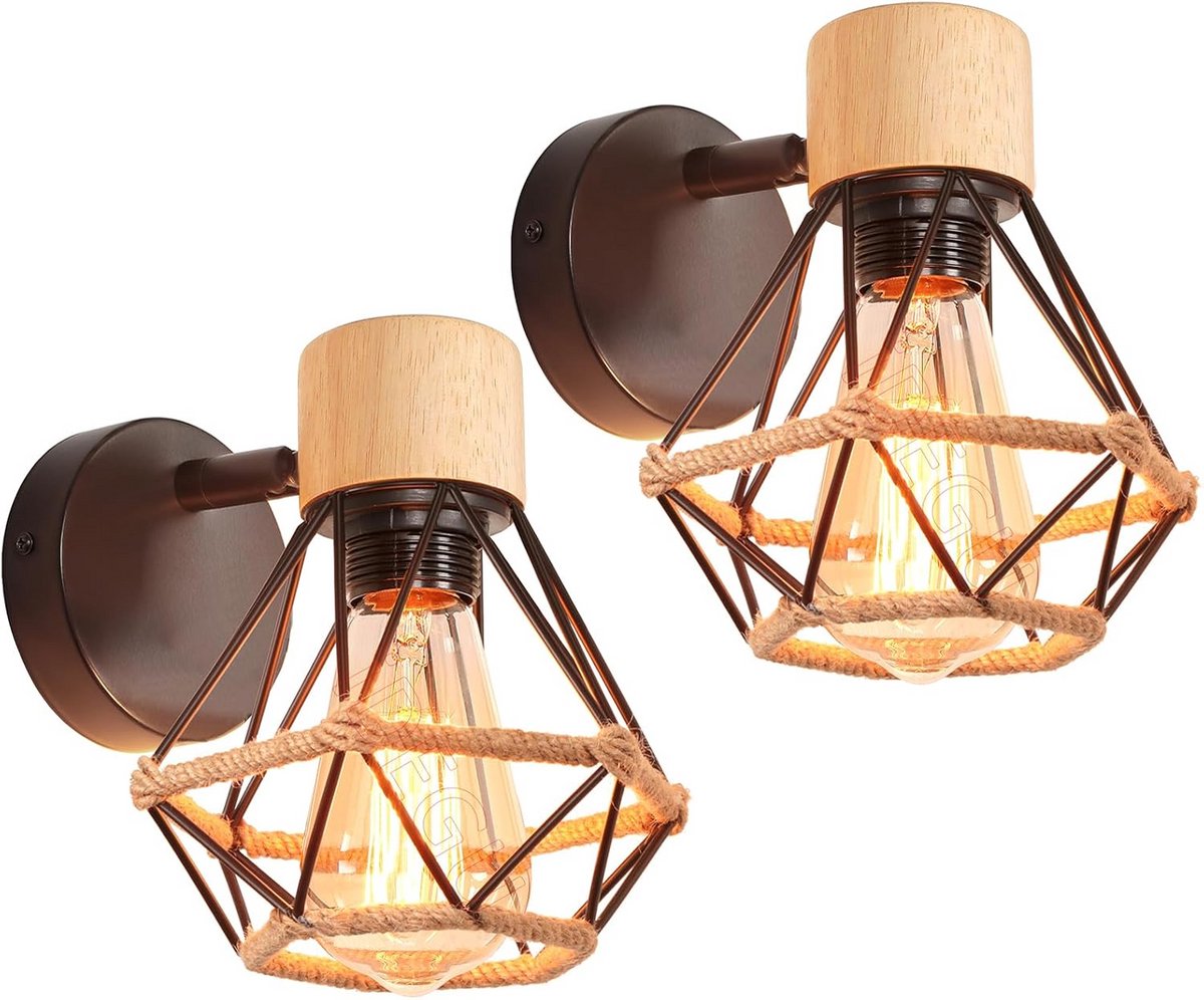 Set van 2 Industriële Wandlampen met Cage Design en Houten Accenten