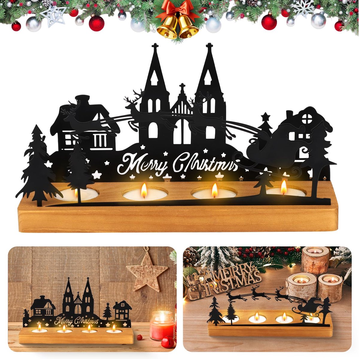 Unyqoos Stijlvolle adventskandelaar met houten basis voor sfeervolle kerstdecoratie Zwart