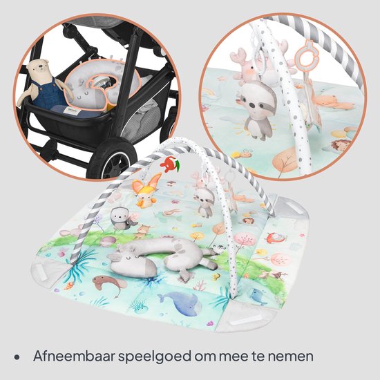Babygym met speelgoed: walvissen, vissen, kwallen, planten, dieren en een zacht kussen.