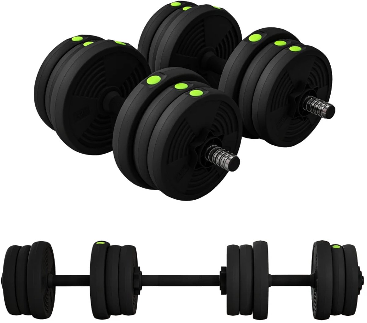 2-in-1 Halterset - Halter & Halterstang - 20 KG - Verstelbaar - 4 x 2 kg, 4 x 1,5 kg, 4 x 1,25 kg Schijven - Antislip - Vloervriendelijk - Complete Thuisgym Oplossing – Zwart/Groen