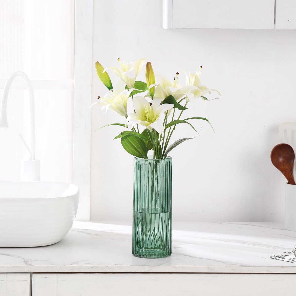 KAYLETIN Gecanneleerde glazen vaas, groene glazen vazen ??voor bloemen, gecanneleerde vaas