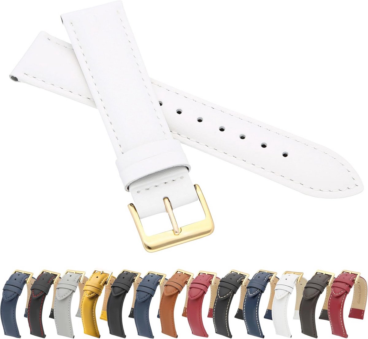 Gladde leren horlogeband met gouden gesp - elegante armband van echt leer 22 mm