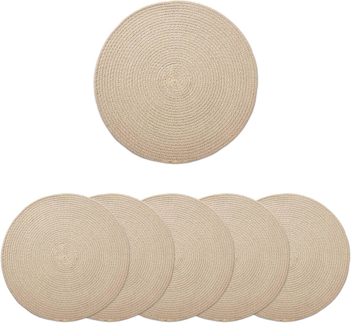Set van 6 Ronde Tafelmatten voor Eetkamertafel - 33 cm Diameter - Beige - Handgemaakt