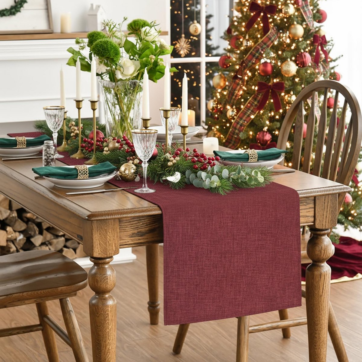 Donkerrode Zomer en Herfst Tafelloper voor Eettafel - Katoenlook Decoratie 40x180 cm