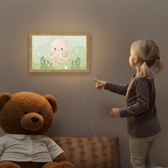 Nachtlampje 30x20 cm - Kinder lampje - Octopus - Zeedieren - Groen - Onderwater - Tafellamp kinderkamer - Slaapkamer lamp - Bedlamp kinderen - Kinderlampje stopcontact - Wandlamp babykamer - Nachtlampjes van OnlyWow — afbeelding 5