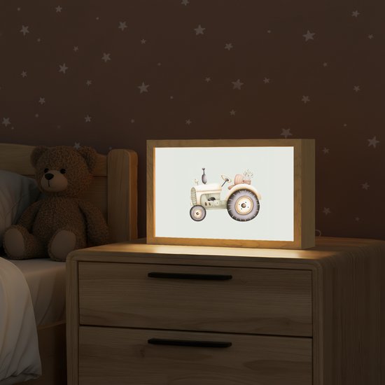 Nachtlampje 30x20 cm - Kinder lampje - Vintage - Tractor - Pastel - Tafellamp kinderkamer - Slaapkamer lamp - Bedlamp kinderen - Kinderlampje stopcontact - Wandlamp babykamer - Nachtlampjes van Merkloos — afbeelding 2