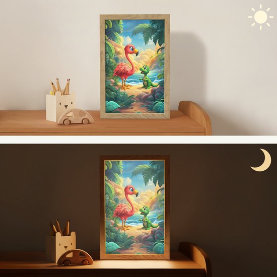 Nachtlampje 20x30 cm - Kinder lampje - Flamingo - Dinosaurus - Strand - Kleurrijk - Tafellamp kinderkamer - Slaapkamer lamp - Bedlamp kinderen - Kinderlampje stopcontact - Wandlamp babykamer - Nachtlampjes van Geharo — afbeelding 4