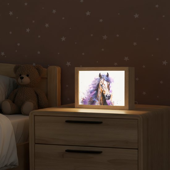 Nachtlampje 20x15 cm - Kinder lampje - Paard - Dieren - Meiden - Paars - Bruin - Tafellamp kinderkamer - Slaapkamer lamp - Bedlamp kinderen - Kinderlampje stopcontact - Wandlamp babykamer - Nachtlampjes van Merkloos — afbeelding 2