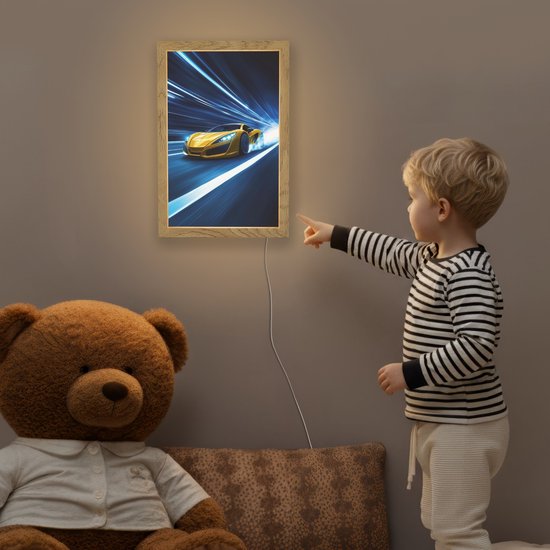 Nachtlampje 20x30 cm - Kinder lamp - Auto - Geel - Race - Blauw - Tafellamp kinderkamer - Slaapkamer lamp - Bedlamp kinderen - Kinderlampje stopcontact - Wandlamp babykamer - Nachtlampjes van Merkloos — afbeelding 5
