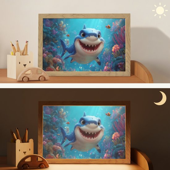 Nachtlampje 30x20 cm - Kinder lampje - Haai - Onderwaterwereld - Oceaan - Tafellamp kinderkamer - Slaapkamer lamp - Bedlamp kinderen - Kinderlampje stopcontact - Wandlamp babykamer - Nachtlampjes van Merkloos — afbeelding 4