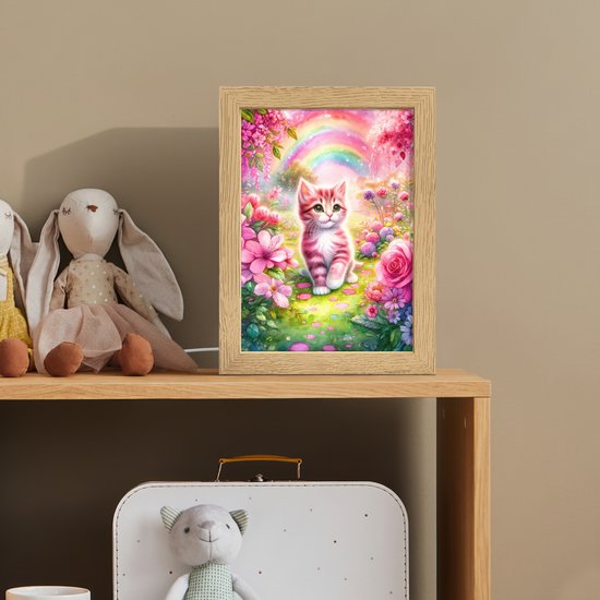 Nachtlampje 15x20 cm - Kinder lampje - Kitten - Roze - Kat - Regenboog - Bloemen - Tafellamp kinderkamer - Slaapkamer lamp - Bedlamp kinderen - Kinderlampje stopcontact - Wandlamp babykamer - Nachtlampjes van Merkloos — afbeelding 3