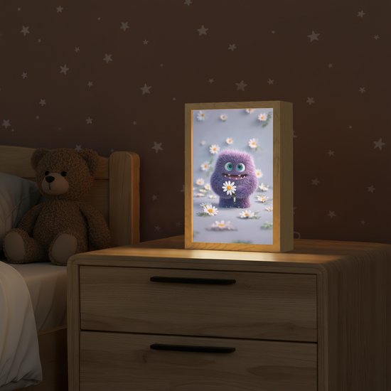 Nachtlampje 20x30 cm - Kinder lampje - Monster - Paars - Madeliefjes - Tafellamp kinderkamer - Slaapkamer lamp - Bedlamp kinderen - Kinderlampje stopcontact - Wandlamp babykamer - Nachtlampjes van OnlyWow — afbeelding 2