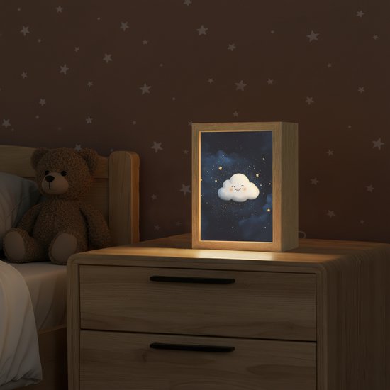 Nachtlampje 15x20 cm - Kinder lampje - Wolkje - Gezichtje - Sterren - Donkerblauw - Tafellamp kinderkamer - Slaapkamer lamp - Bedlamp kinderen - Kinderlampje stopcontact - Wandlamp babykamer - Nachtlampjes van Merkloos — afbeelding 2