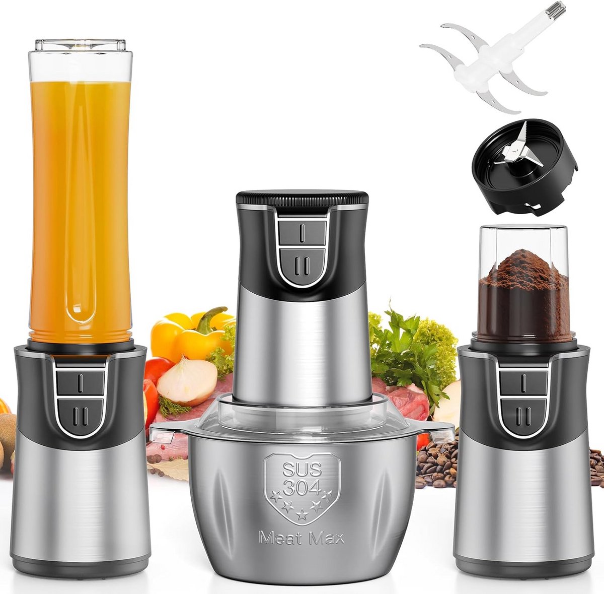 Krachtige 3-in-1 Hakmolen, Blender en Kruidenmolen - 500W Keukenmachine met 2L RVS Kom