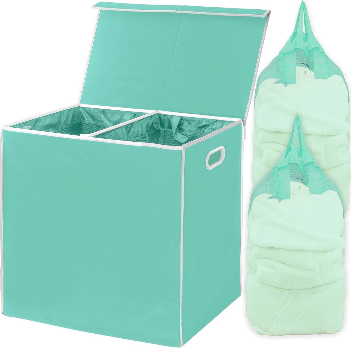 Dubbele Wasmand met Deksel en Afneembare Waszakken - Turquoise