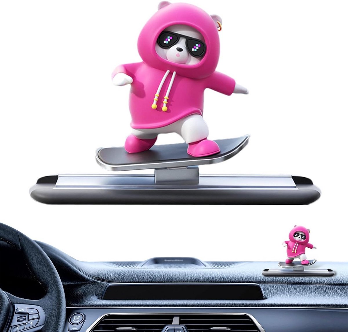 Schattige Dashboarddecoratie Auto Bewegende Beer op Skateboard Roze