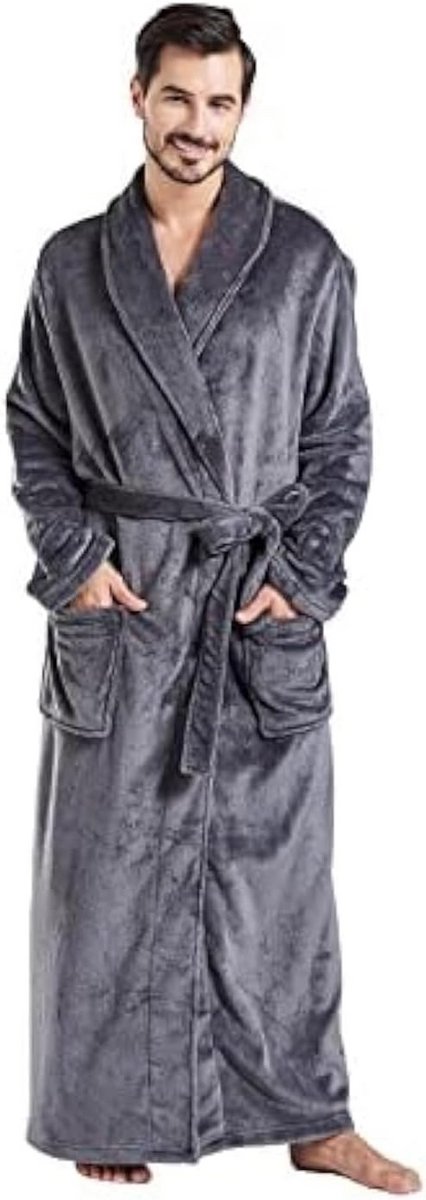 Herens badjas groot en lang – Pluche fleece badjas met sjaalkraag, dubbele riem en clipzakken