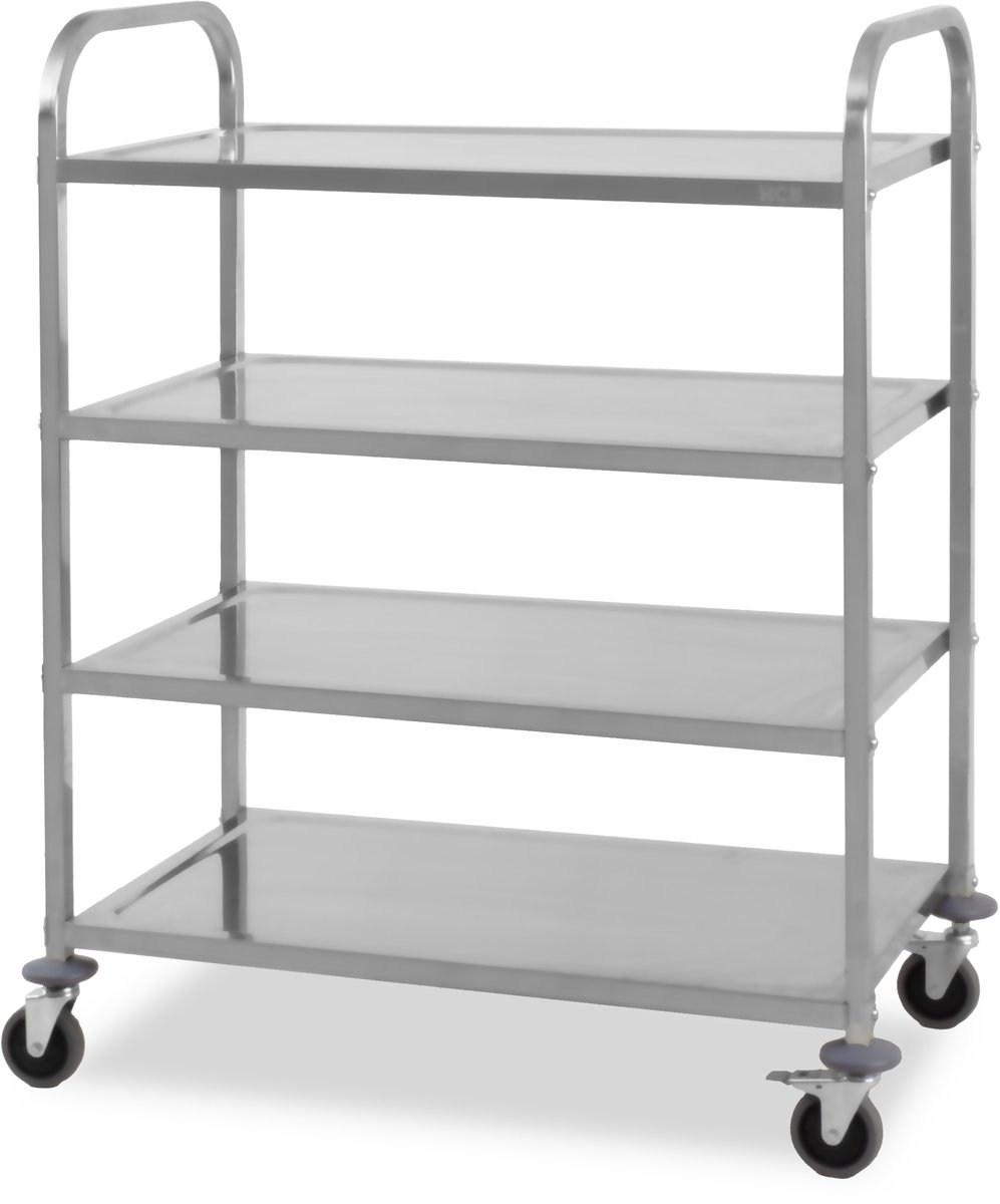 HCB® - Professionele Horeca Serveerwagen op wieltjes - 4 lagen - RVS / INOX keuken trolley - Serveerkar - Roltafel - keukentrolley industrieel - 50x95x125 cm (DxBxH) - 15 kg - 8667