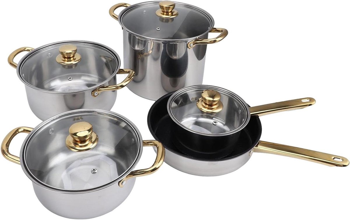 Allecta - Ergonomisch Kookgerei van Roestvrij Staal met Gouden Handgrepen en Multifunctionele Potten en Pannen met Glazen Deksel voor de Keuken
