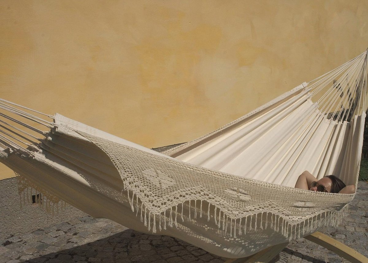 Dubbele hangmat 400 x 170 cm met Macramé en Natuurlijke Katoen