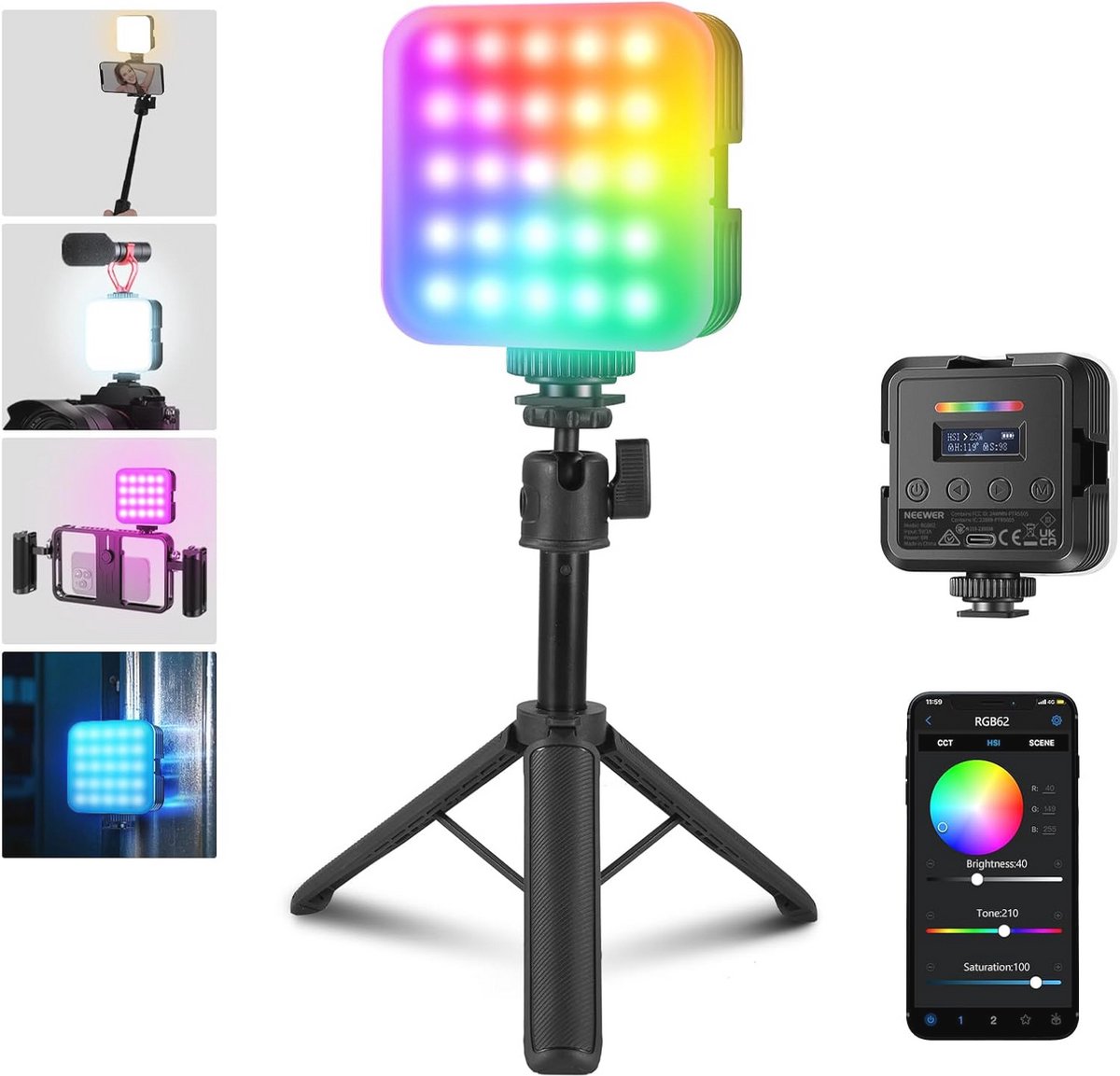 RGB Camera Video Licht met Magnetische Bevestiging en Draadloze APP Controle