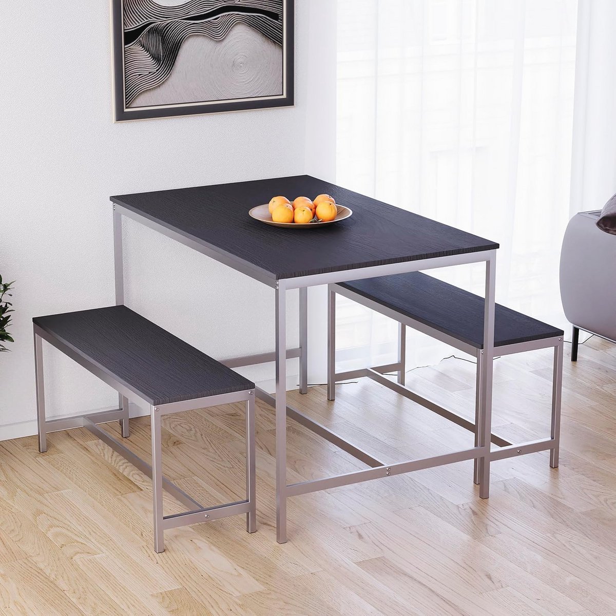 Stijlvolle 4-Persoons Eettafel met 2 Banken, Set van 3 - Inclusief Stevig Metalen Frame (Zwart)