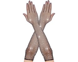 Lange Zwarte Visnet Handschoenen met Strass voor Dames - Feest en Cosplay Accessoire