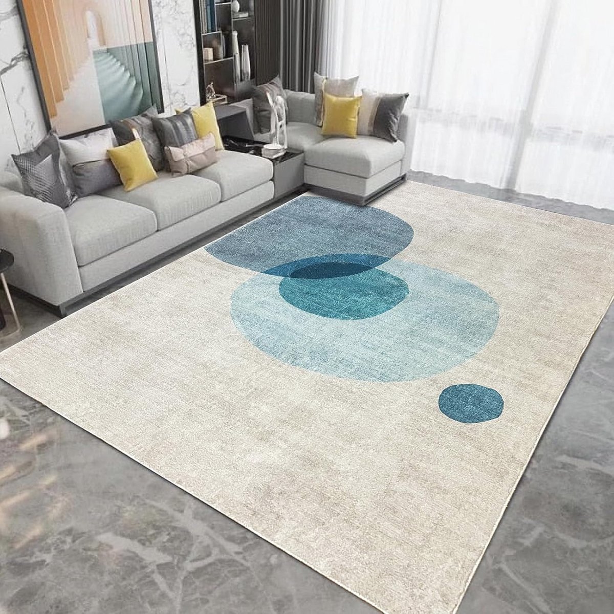 Kort Garen Vloerkleed voor Woonkamer, Geometrisch Ontwerp, Modern, Cirkelvormig, Licht Gri