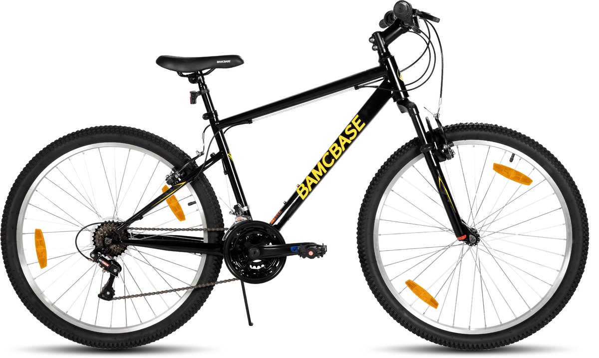 BAMCBASE Agave Voorvering Mountainbike - 27.5 inch - Carbonstalen Frame - 18 Versnellingen - Handrem - V-Brake - Spatborden - Zwart - Geschikt voor buitenactiviteiten in de lente