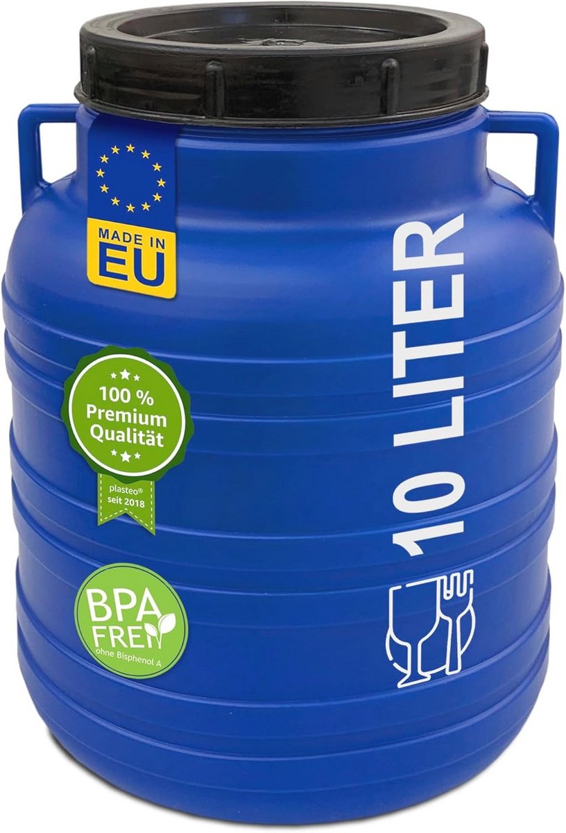 10 liter voedselveilige kunststof opslagvat met brede hals en deksel