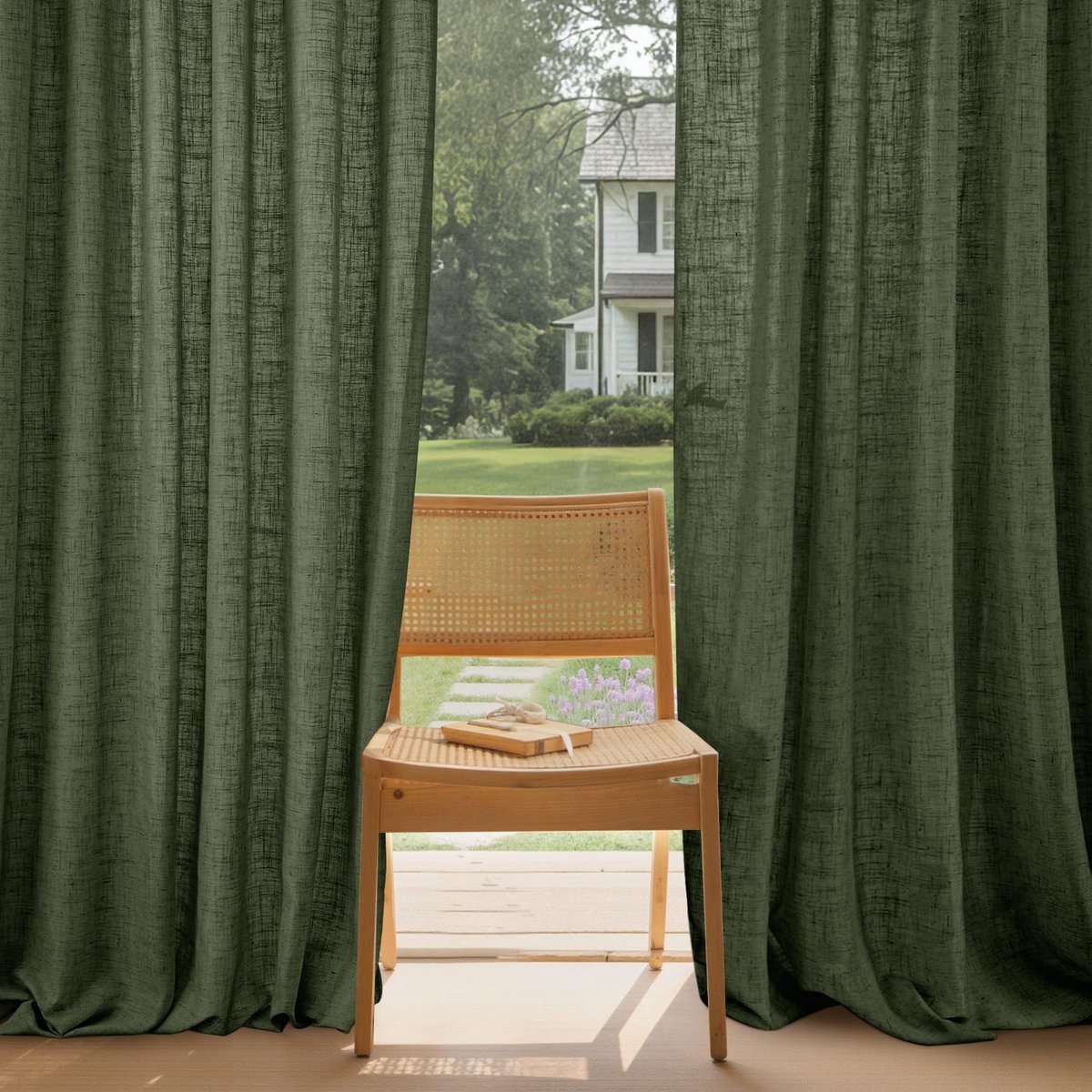 Unyqoos Semi-transparante linnen gordijnen met plooiband voor een boho-sfeer Matcha Groen