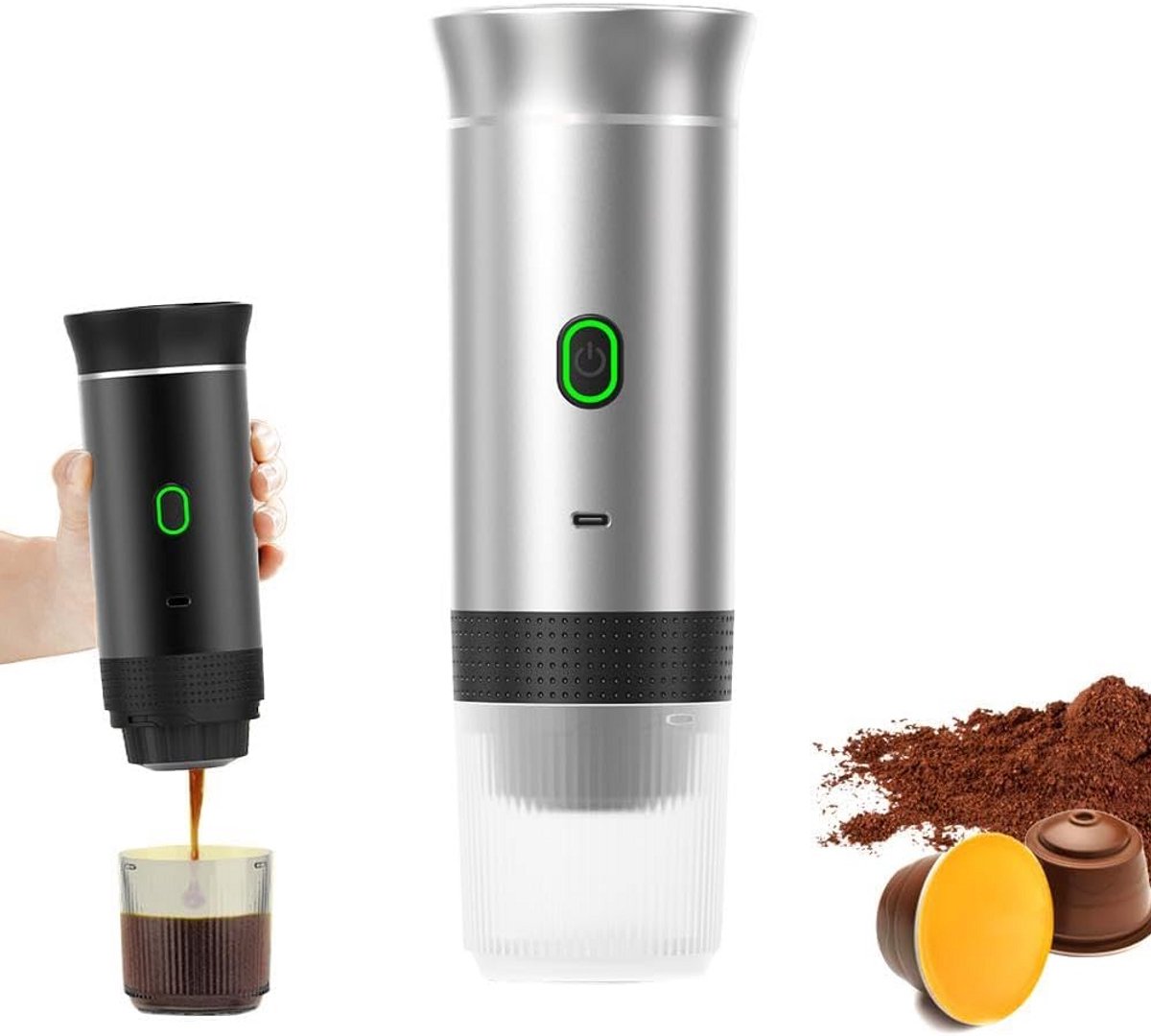 Draagbare Espressomachine Zelfverwarmend voor Onderweg - Werkt met Koffiecups of Losse Koffie