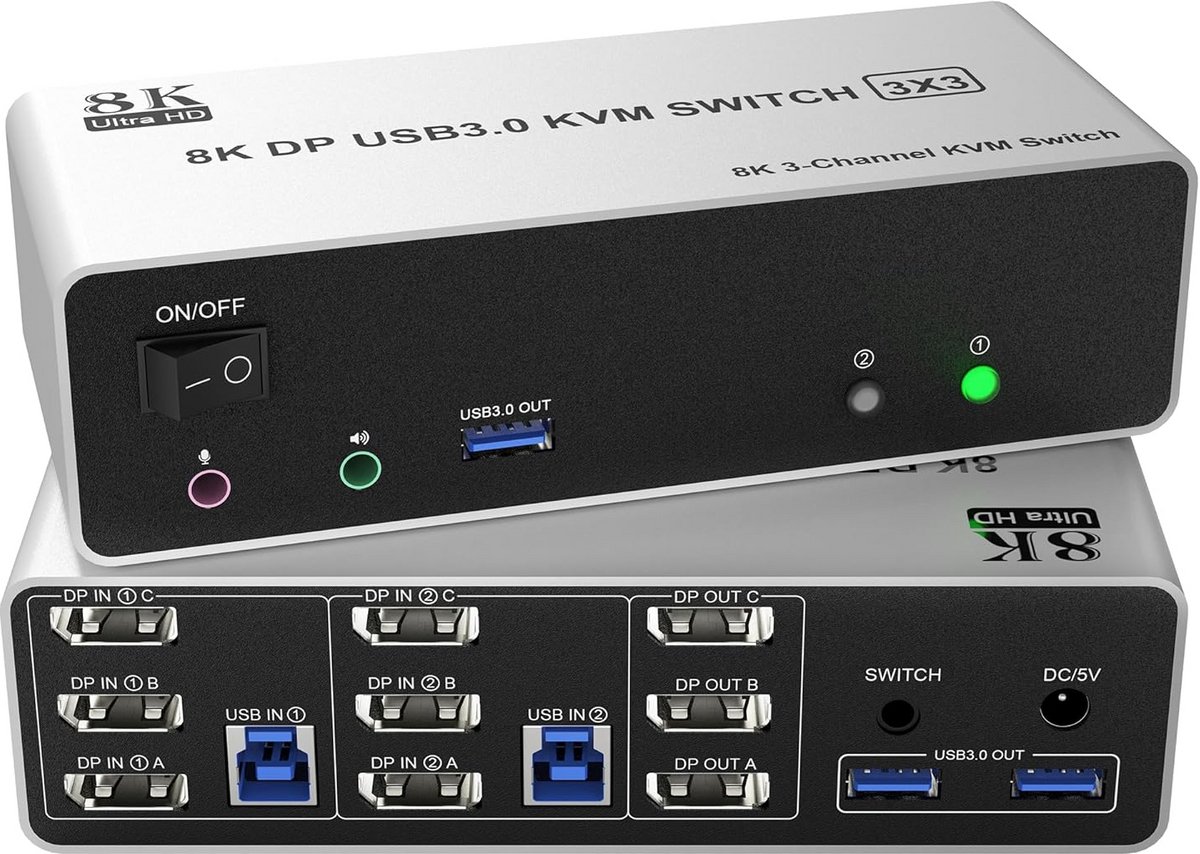 KVM Switch 3 Monitoren 2 Computers 8K@60Hz DisplayPort USB 3.0 Schakelaar met Audio/Microfoon