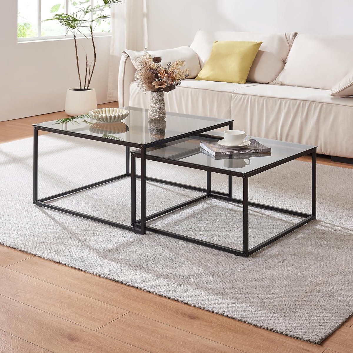 Set van 2 Vierkante Salontafels Stapelbaar Rookglas Zwart en Grijs