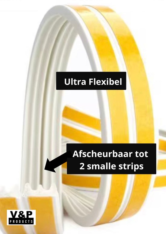 Witte tochtstrip in E-profiel met dubbele gele plakstrips, ultra flexibel.