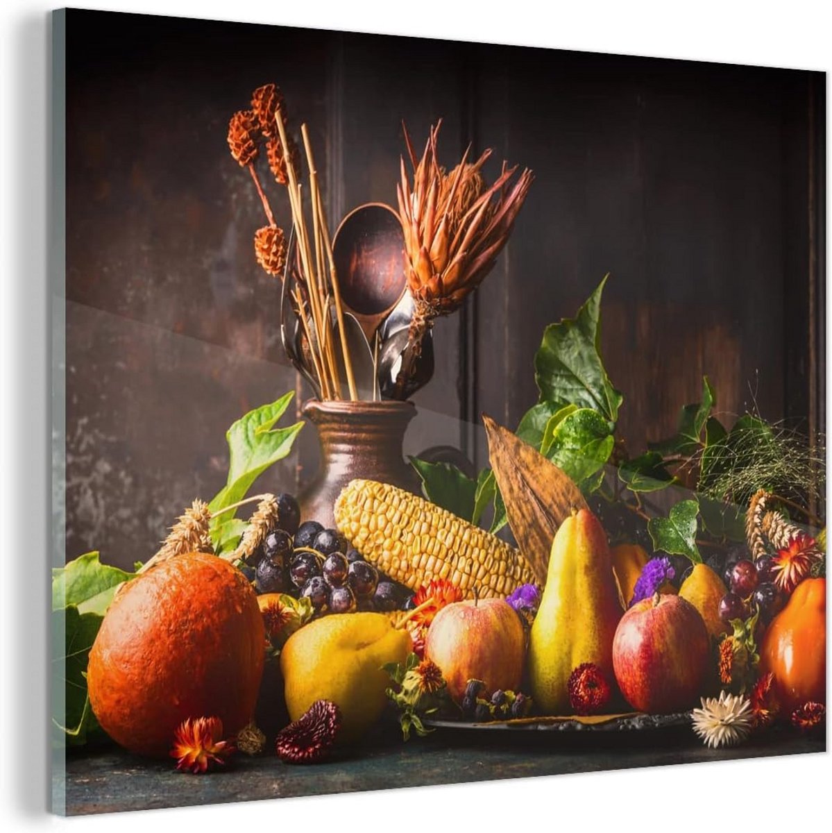 Kunstwerk op Glas - 80x60cm - Groenten en Fruit op Rustieke Tafel