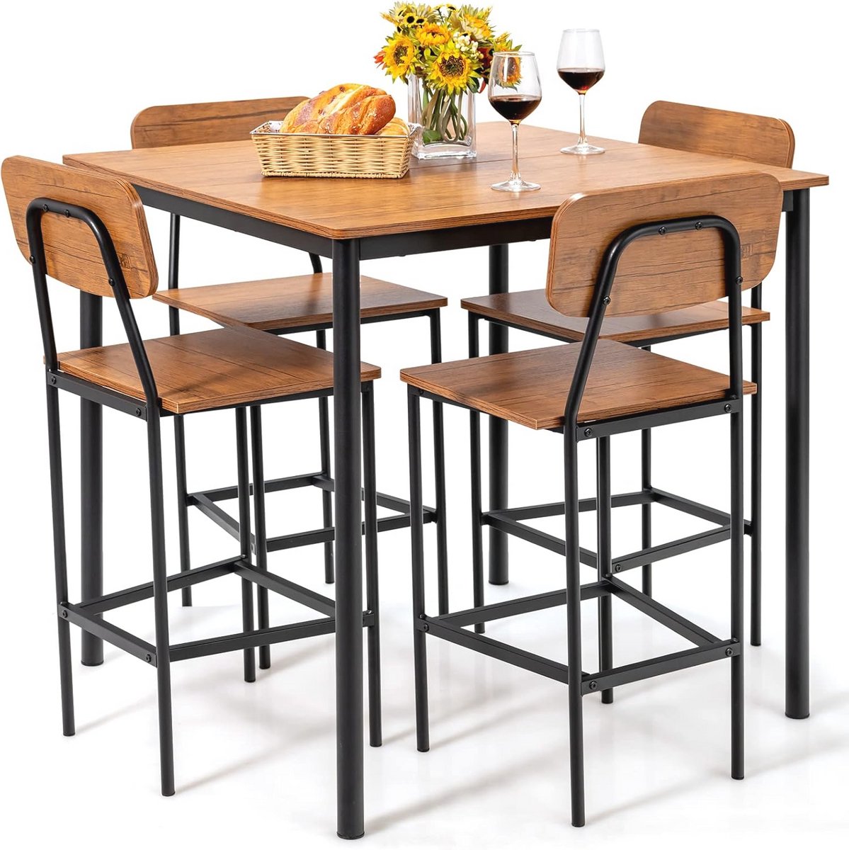 5-delige eetgroep met vierkante eettafel en 4 stoelen voor eetkamer en keuken