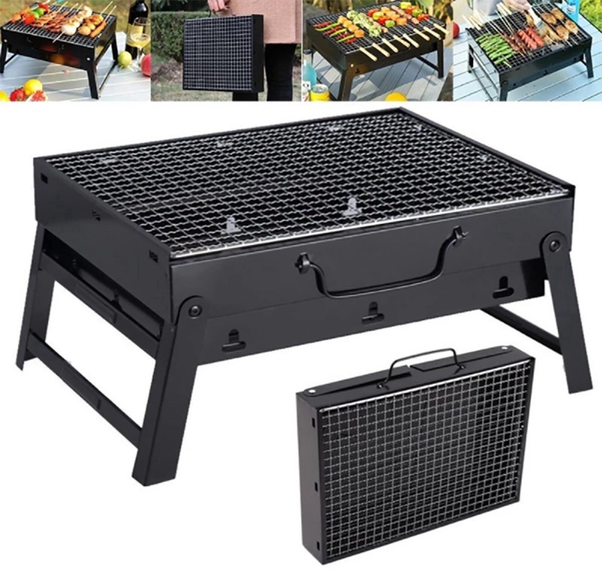 Borvat® Compacte Opvouwbare Houtskool BBQ - Draagbare Grill voor Kamperen, Picknicks en Tuinfeestjes - Roestvrij Staal, Zwart