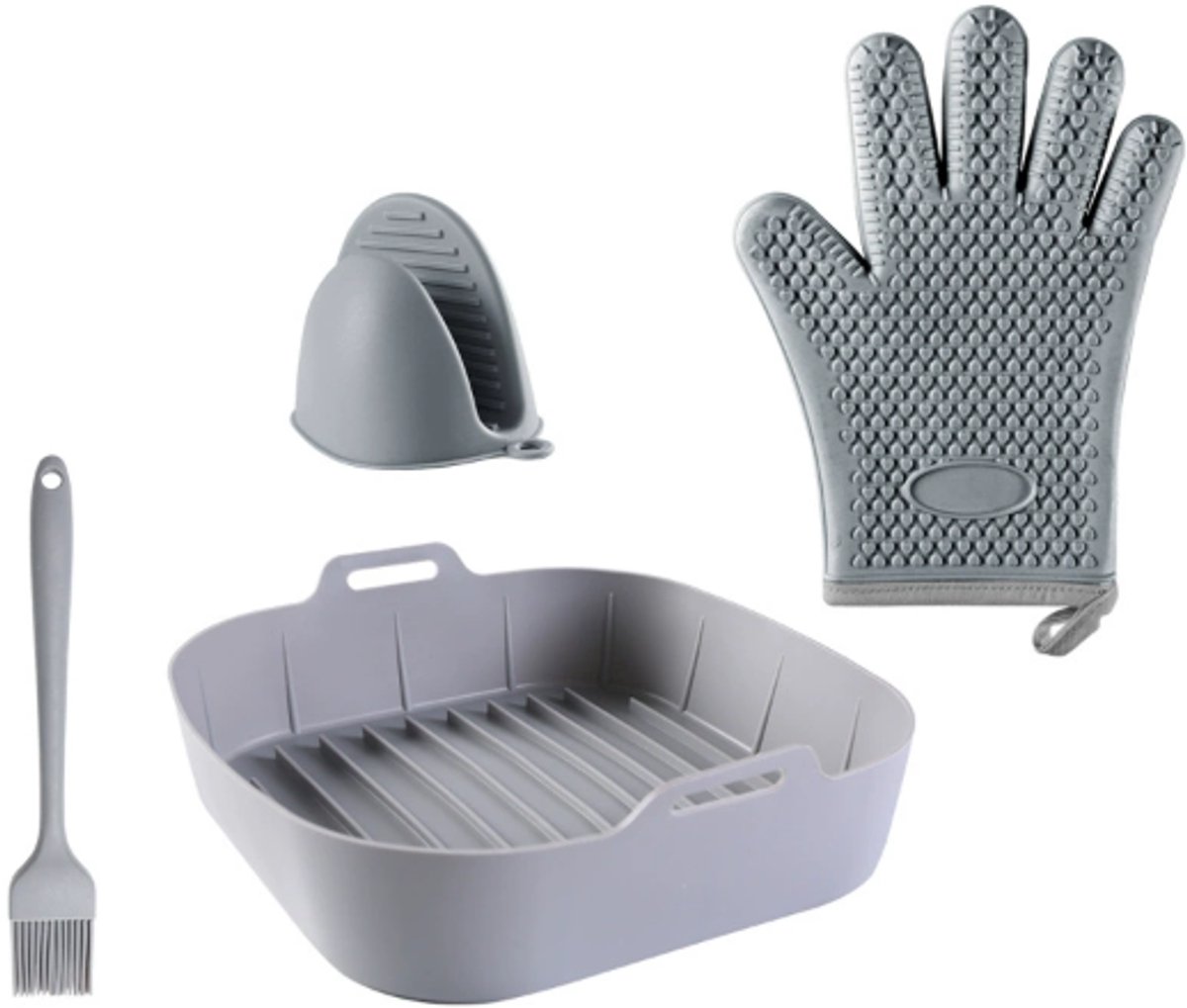 Grijze set (vierkante airfryerpan + tang + handschoenen met rand + kleine borstel)