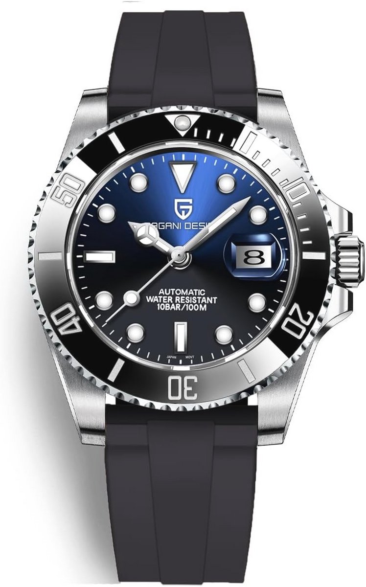 Automatisch mechanisch horloge 40 mm met zwarte wijzerplaat en rubberen band