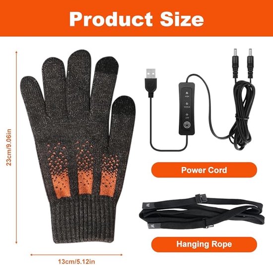 Afmetingen van de donkergrijze handschoenen met oranje accenten, stroomkabel en ophangkoord.
