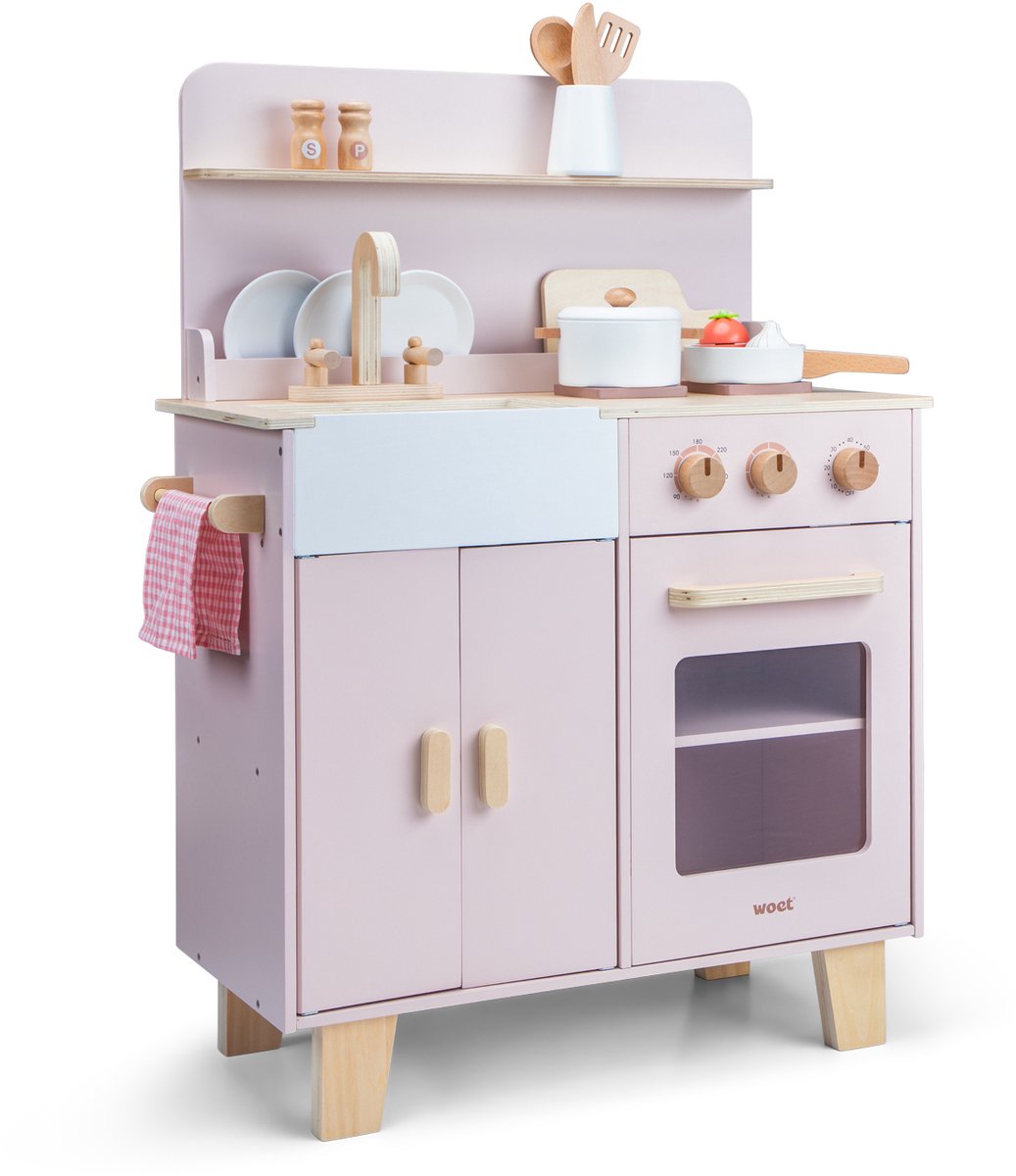 Woet® Houten Speelgoed Kinderkeuken Roze - Speelkeukentje met Pannen, Servies, Groente en Snijplank - Houten Speelkeuken - Werkbladhoogte 55 cm - Rollenspel - Vanaf 3 Jaar — afbeelding 2