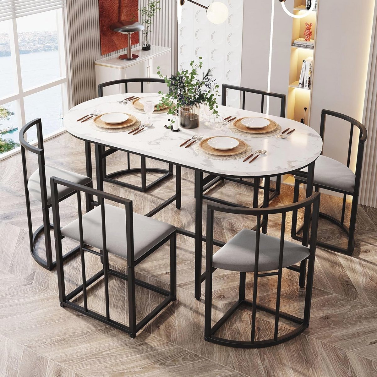 Moderne eetkamergroep met tafel en 6 stoelen voor keuken en woonkamer