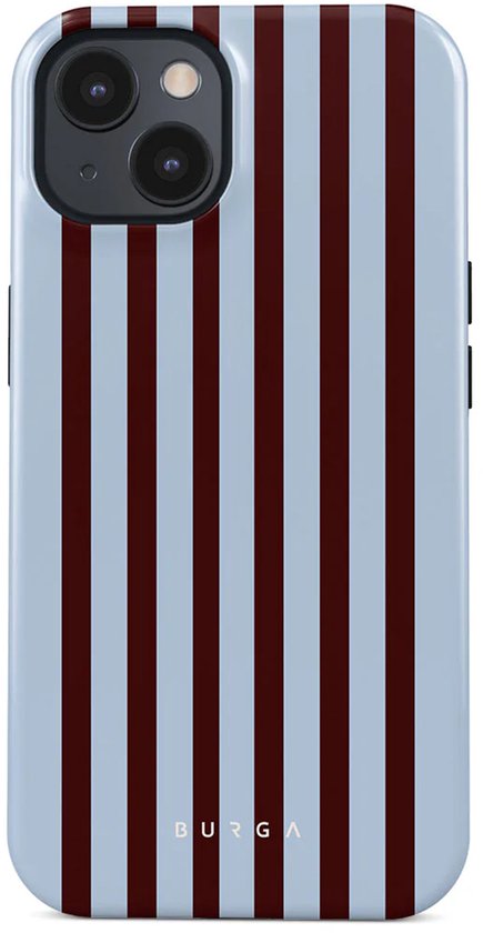 Coque de téléphone bleu clair à rayures verticales bordeaux, avec le logo BURGA en bas.