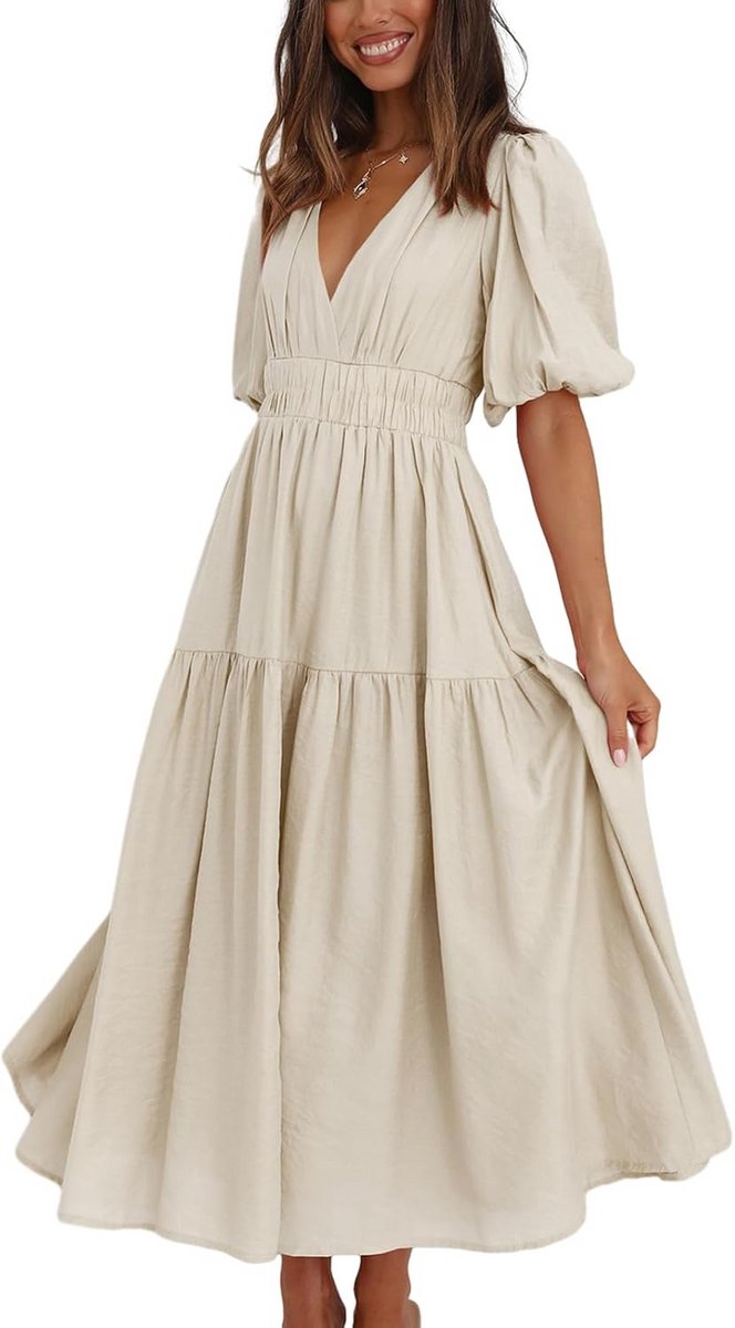 Diepe V-hals Puff Korte Mouw Gelaagde Jurk voor Dames - Elastische Hoge Taille Midi-Jurk