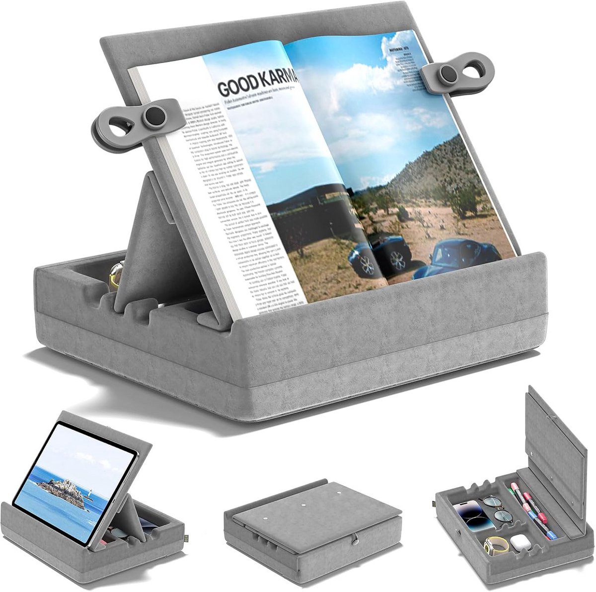 Boekenstandaard met Opbergruimte en 3 Kijkhoeken voor Tablet en E-reader