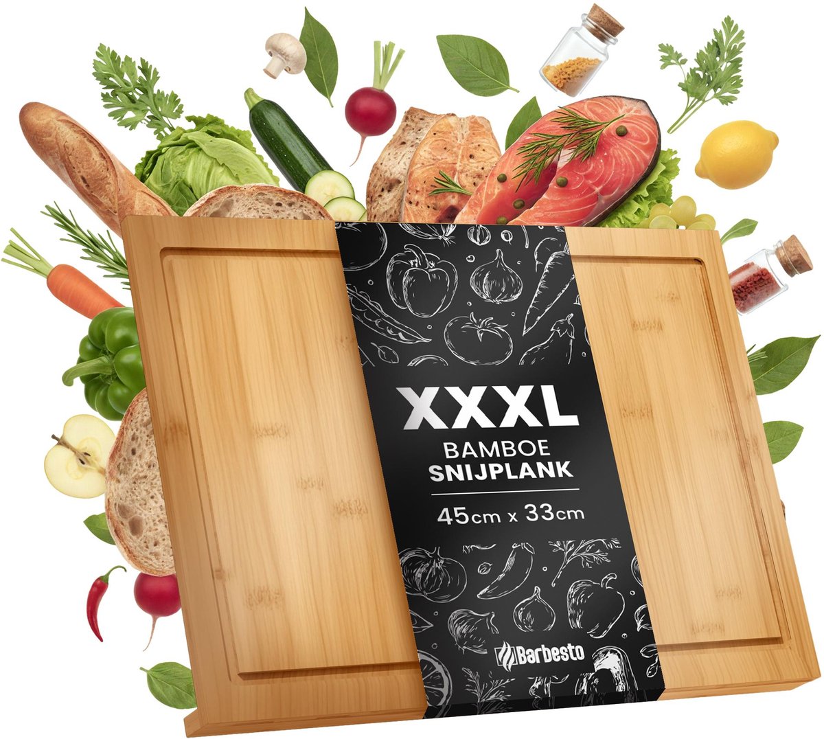 CLP snijplank bamboe XXXL 45 x 33 cm - Grote houtenkeukensnijplank met opstaande rand en sapgroef - antibacteriële plank - natura