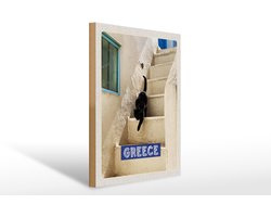 Holzschild Reise 30x40cm Greece Griechenland weiße Treppe Katze