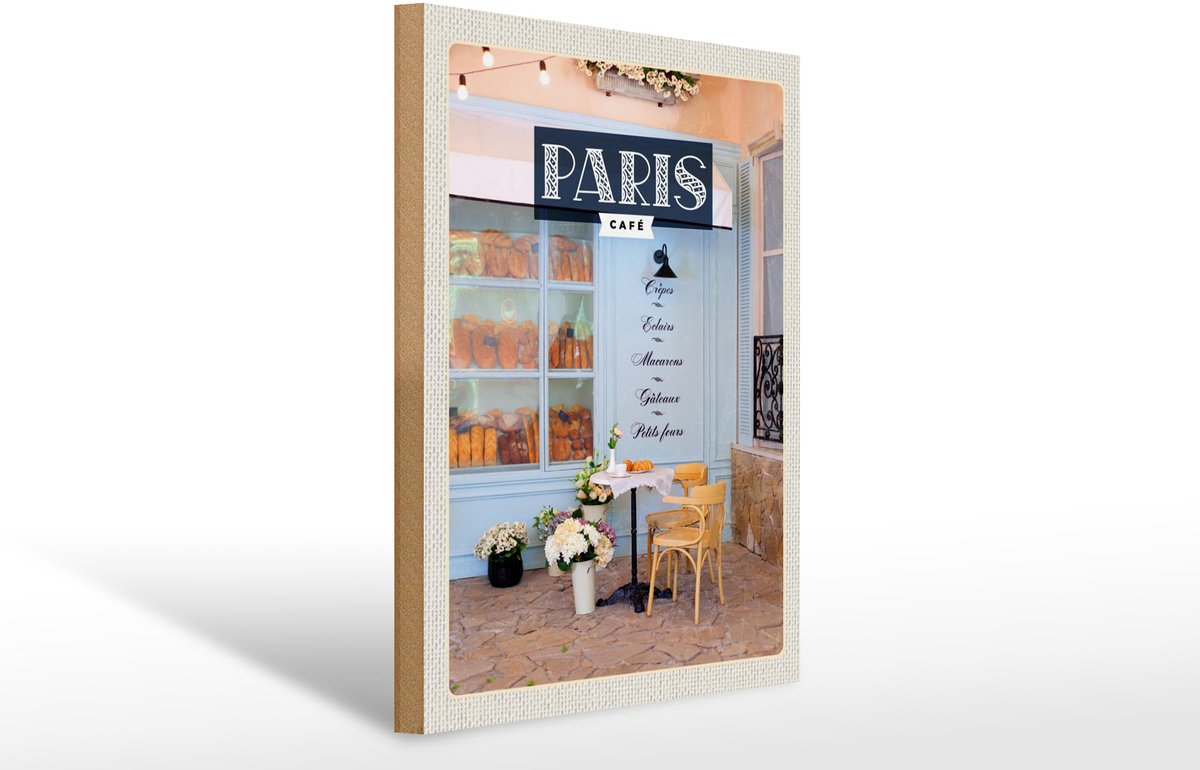 Holzschild Reise 30x40cm Paris Cafe Crepes Eclairs Macarons